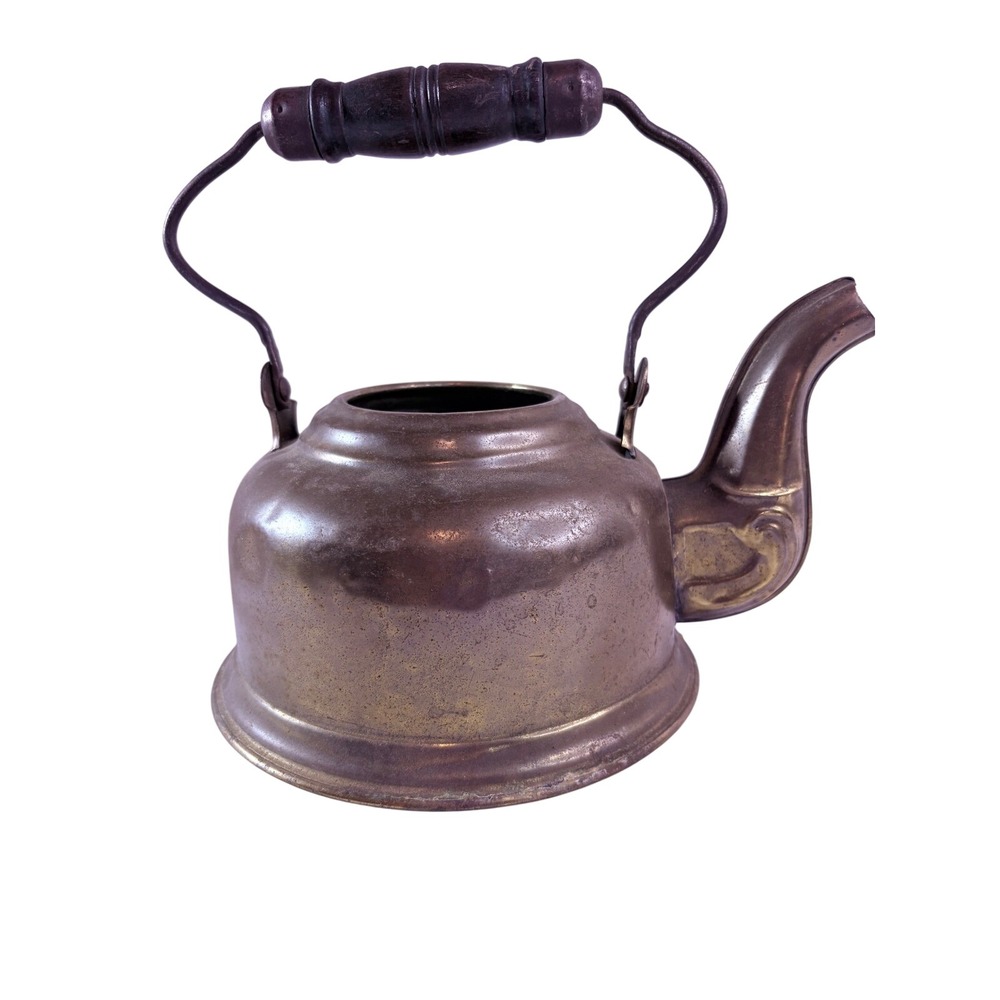 Antique‎ Brass Tea Kettle Vintage Gooseneck Teapot Wood Handle Primitive Decor